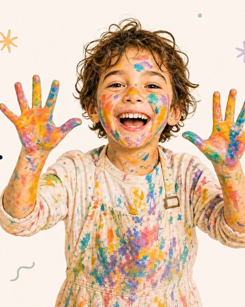 A joyful child covered in paint, hands raised