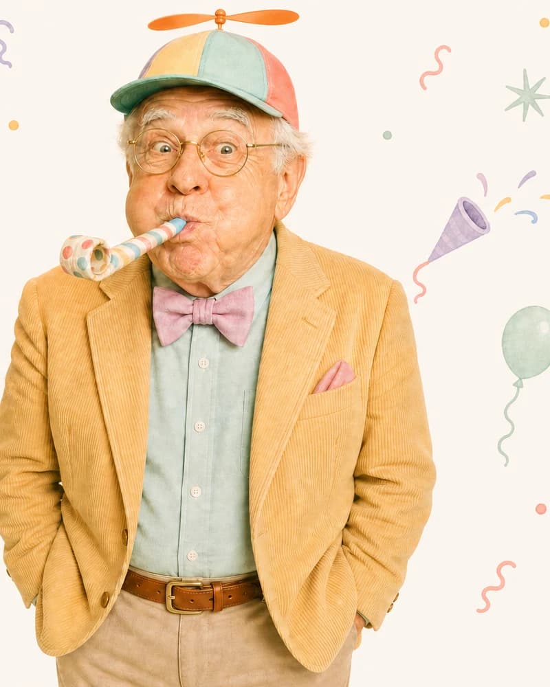 An elderly man wearing a propeller beanie and bowtie, blowing a party horn