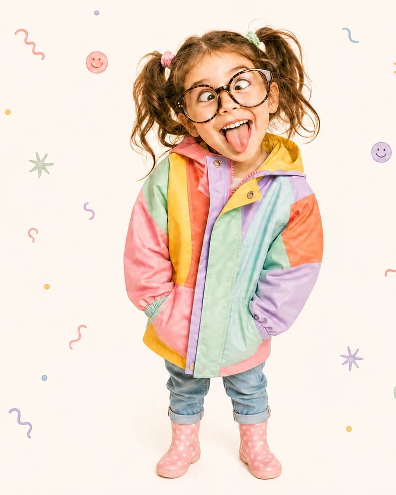 A young girl in a rainbow jacket sticking her tongue out