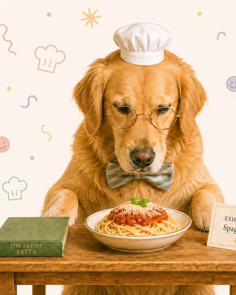 A golden retriever in a chef hat and bow tie sitting at a table with spaghetti